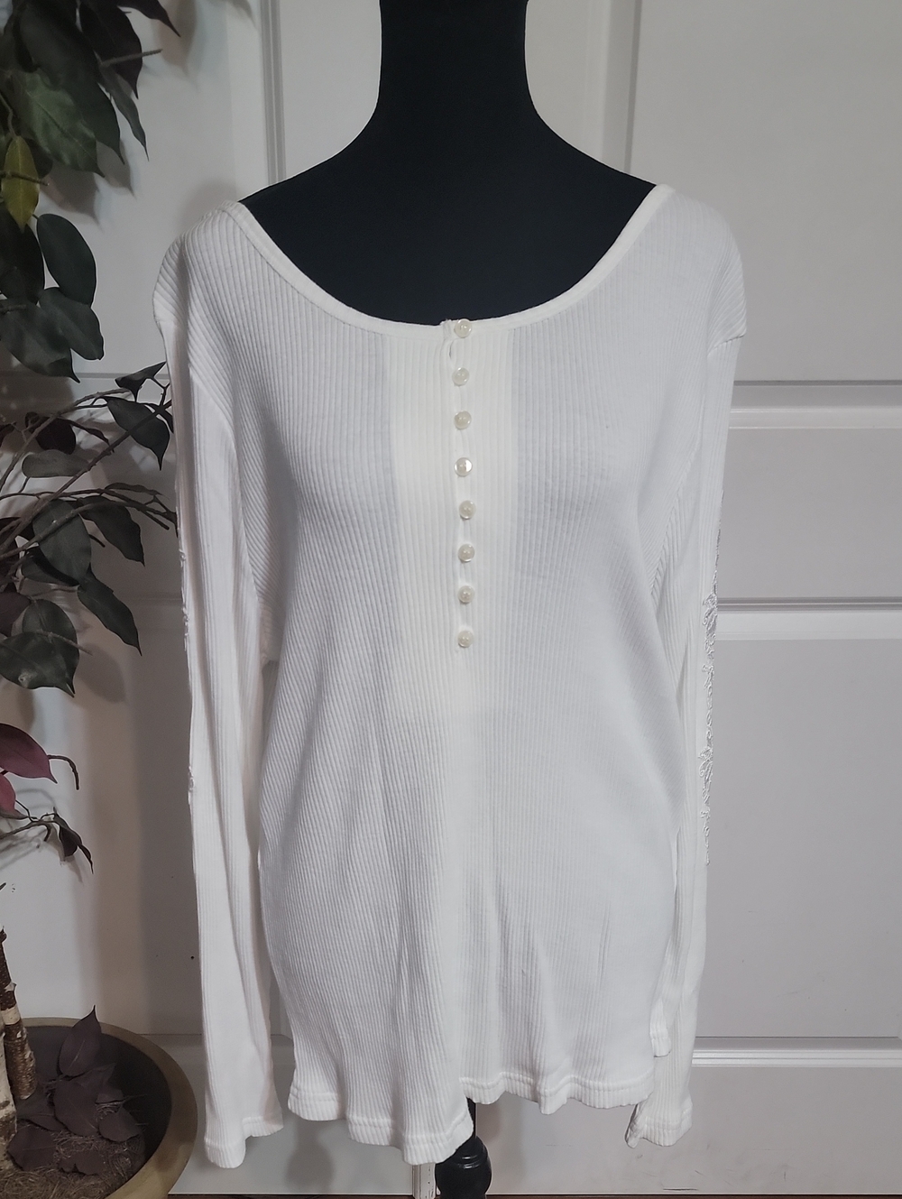 Together White Ribbed Henley Long Sleeve Top